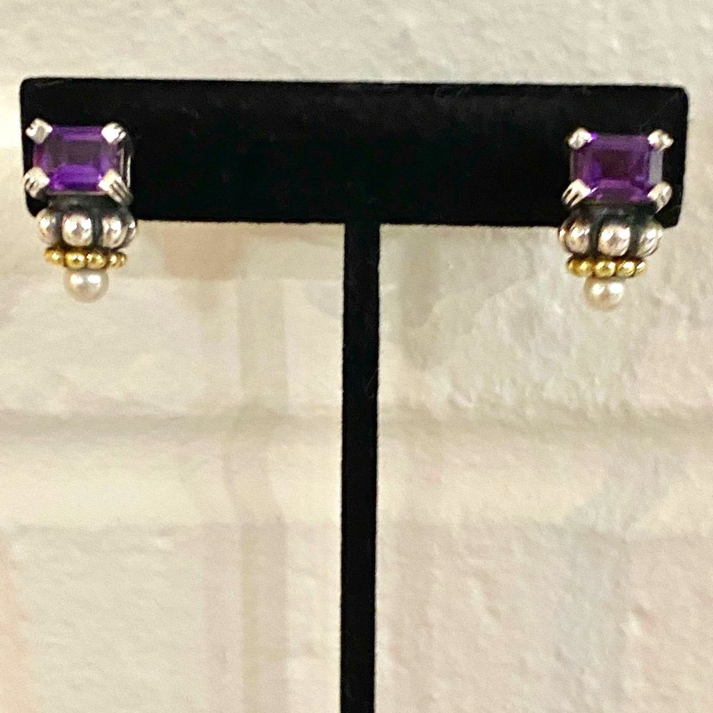 Lagos Caviar Amethyst & Pearl in 18k Yellow Gold & Sterling Silver Earrings